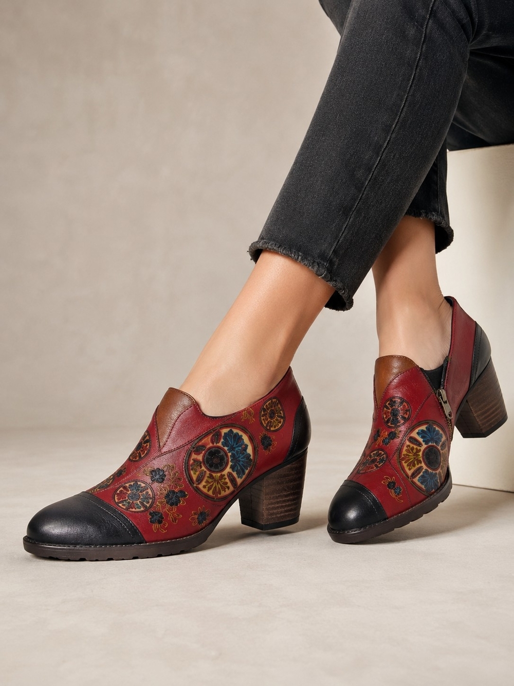 L'Artiste By Spring Step "Raina" Red Multi Floral Leather Heeled Bootie/Shoes